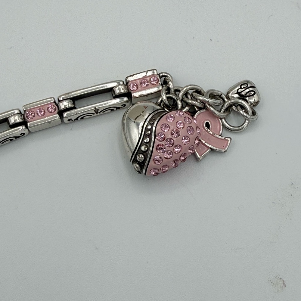 BRIGHTON Pink Ribbon Breast Cancer Awareness Charm Bracelet Silver Crystal Heart - Picture 6 of 7